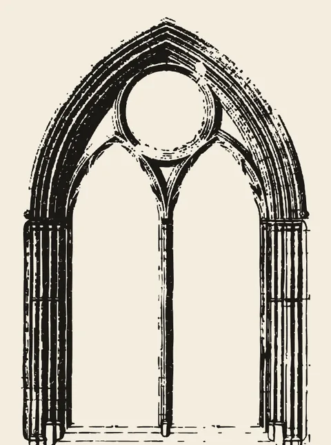 Woodcut of a Gothic window from Netley Abbey, after an 1848 engraving.